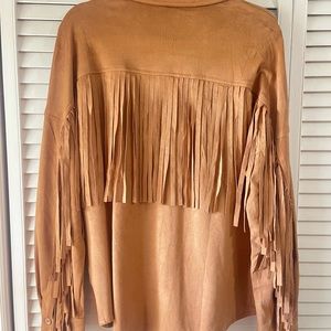 BOUTIQUE FAUX SUEDE CAMEL FRINGE SHACKET